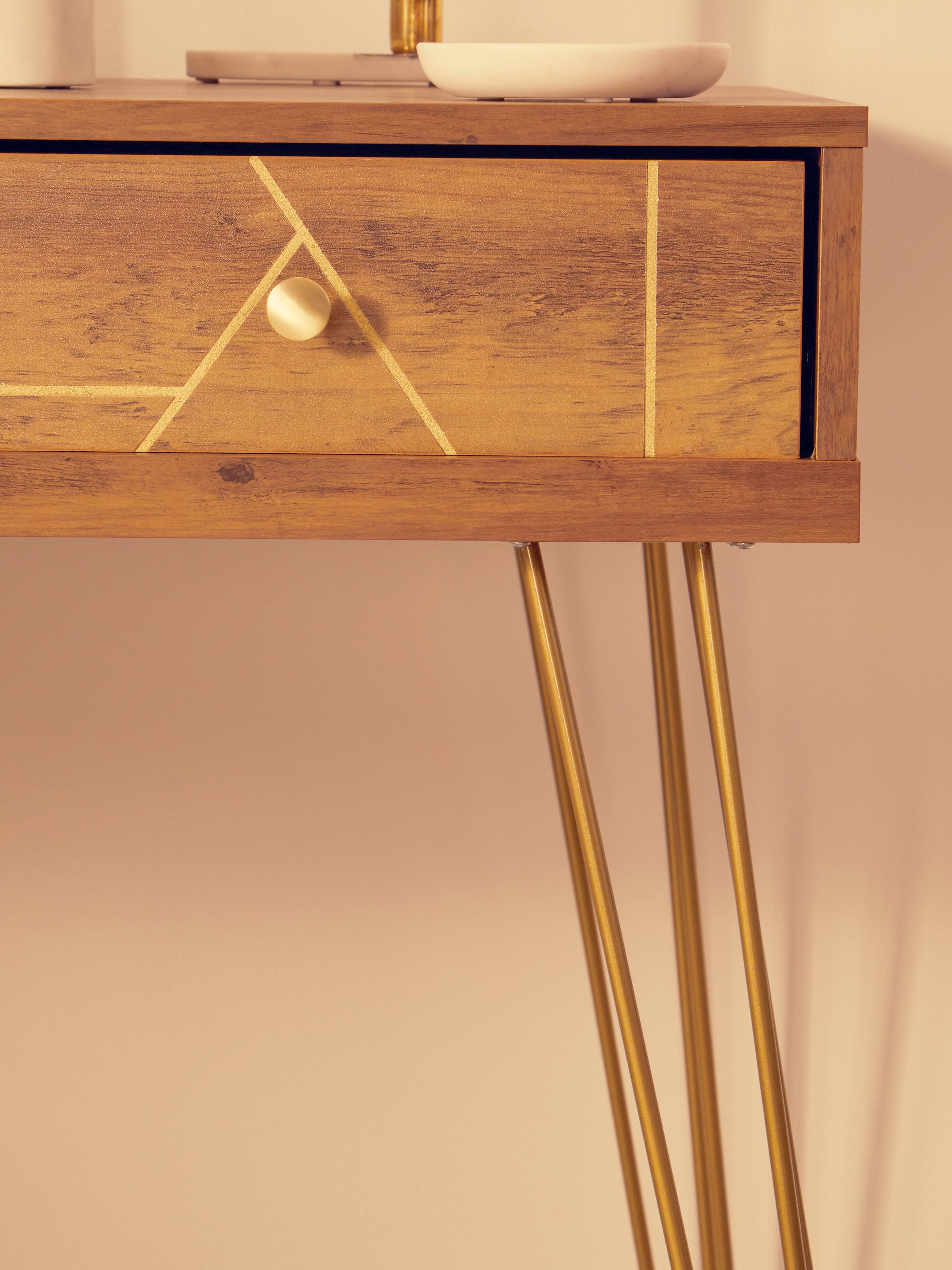 Ophelia Brown Wood & Gold Three Drawer Desk